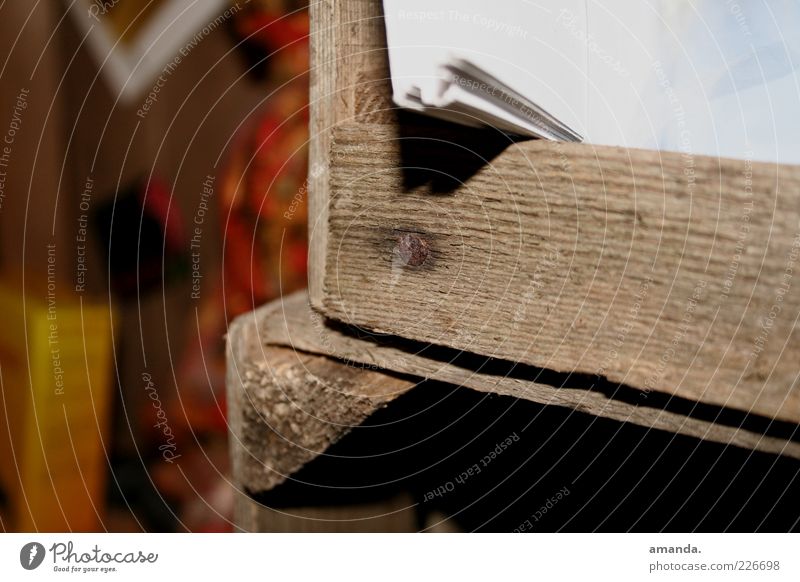 Apple box as a piece of furniture? Paper Piece of paper Wood Old Firm Dry Brown Calm Authentic Nail Massive apple box Colour photo Subdued colour Interior shot