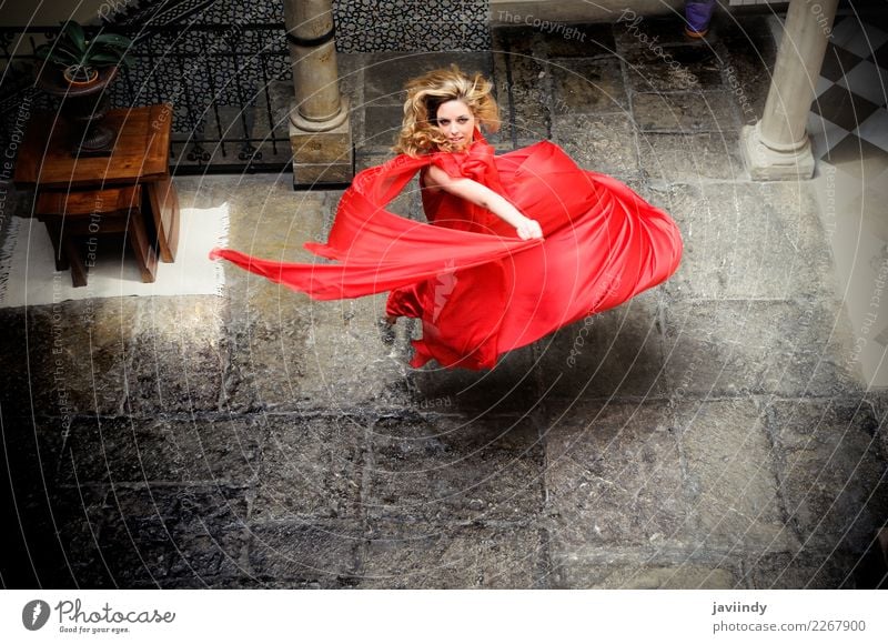 Portrait of a beautiful blonde woman, wearing a red dress Elegant Happy Beautiful Hair and hairstyles Face Make-up Relaxation Summer Human being Feminine