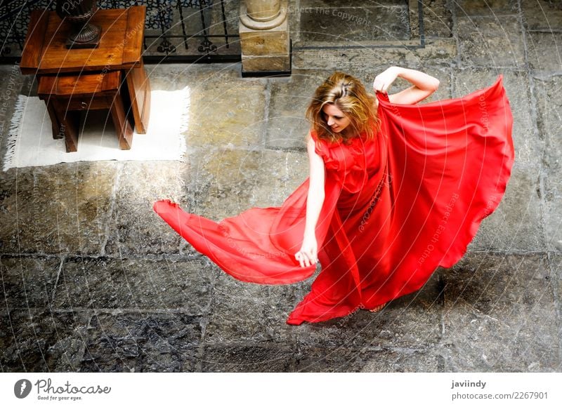 Portrait of a beautiful blonde woman, wearing a red dress Elegant Happy Beautiful Hair and hairstyles Face Make-up Relaxation Summer Human being Feminine