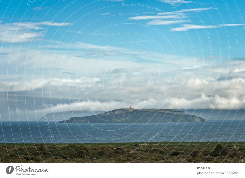 Grimsey Island Nature Landscape Plant Air Water Sky Clouds Horizon Spring Beautiful weather Grass Mountain Peak Coast Ocean Deserted Lighthouse Maritime Blue