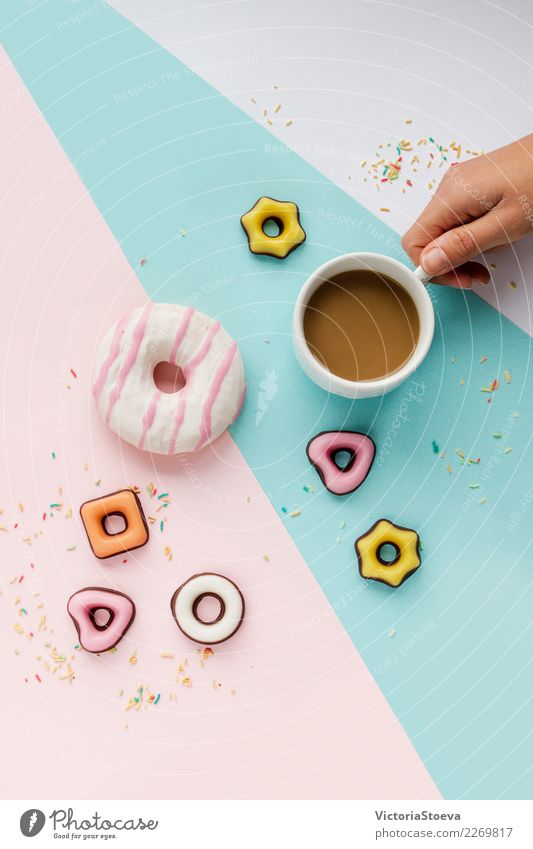 Coffee, colorful cookies, donut and sprinkles flat lay Food Cake Dessert Candy Chocolate Eating Breakfast Lunch To have a coffee Lifestyle Style Design Joy