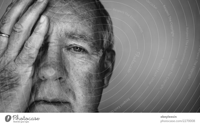 Close up face portrait Older depressed man Face Human being Man Adults Grandfather Hand Think Sadness Natural Gray Black White Loneliness Fear Middle head sad