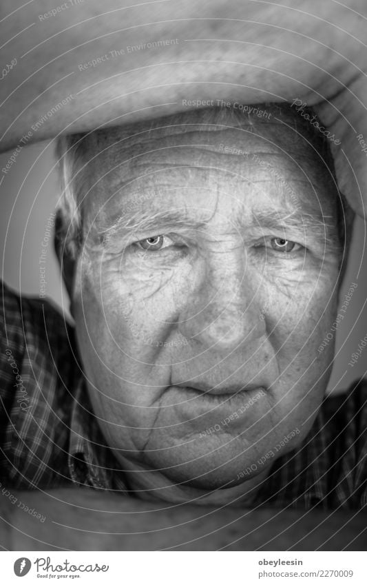 Close up face portrait Older depressed man Face Human being Man Adults Grandfather Hand Think Sadness Natural Gray Black White Loneliness Fear Middle head sad