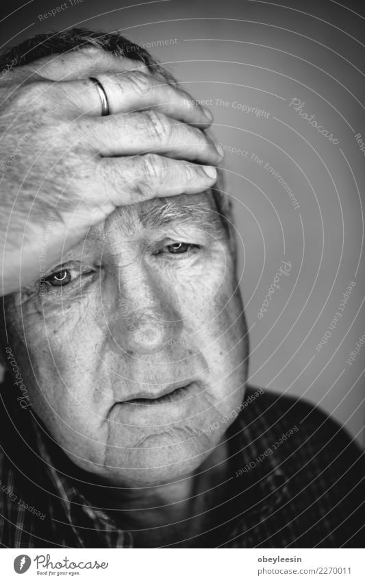 Close up face portrait Older depressed man Face Human being Man Adults Grandfather Hand Think Sadness Natural Gray Black White Loneliness Fear Middle head sad