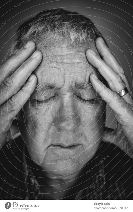 Close up face portrait Older depressed man Face Human being Man Adults Grandfather Hand Think Sadness Natural Gray Black White Loneliness Fear Middle head sad