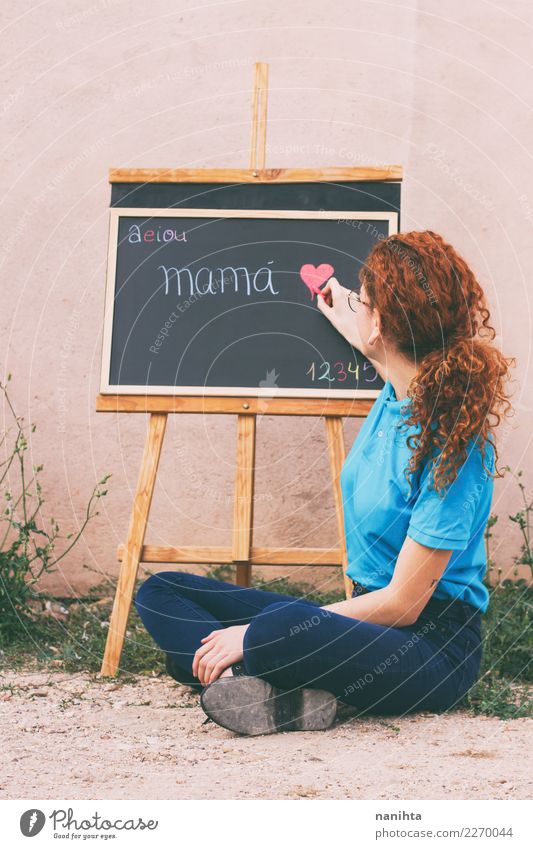 Young teacher in an outdoor class Lifestyle Reading Handcrafts Mother's Day Education Kindergarten School Study Blackboard Teacher Work and employment