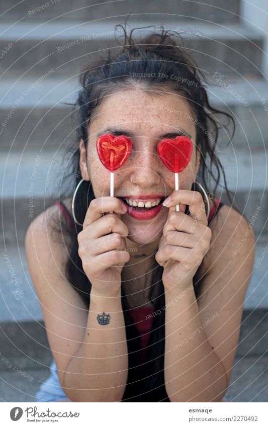 Portrait of Young woman with Lollipop Candy Summer Nutrition Lifestyle Joy Wellness Girl Youth (Young adults) Infancy 13 - 18 years Fashion Eating Smiling