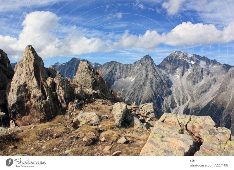 small and large peaks Environment Nature Landscape Plant Elements Earth Sky Clouds Autumn Beautiful weather Grass Moss Lichen Hill Rock Alps Mountain Peak