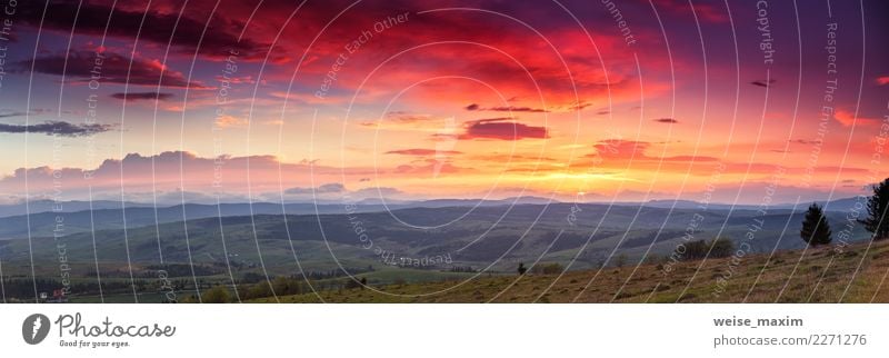 Panorama mountain landscape at sunset. Valley during sunrise. Vacation & Travel Tourism Trip Adventure Far-off places Freedom Cruise Expedition Camping Summer