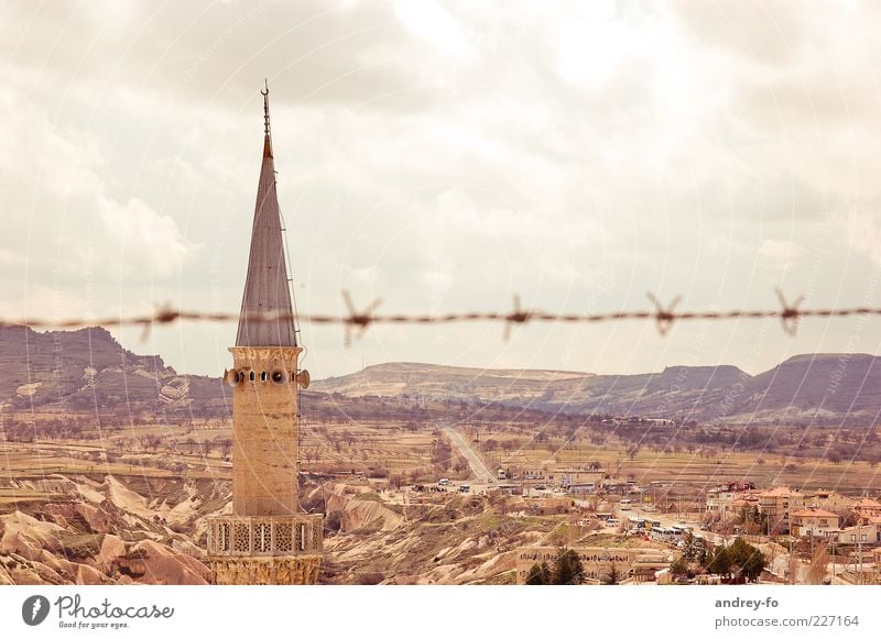 Tower and landscape Mountain Landscape Horizon Summer Warmth Canyon Desert Tourist Attraction Stone Belief Religion and faith Brown Loudspeaker Wire Barbed wire