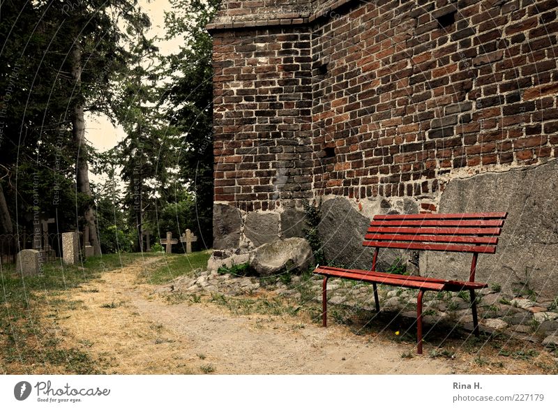 prospects Summer Crucifix Wait Emotions Hope Belief Fatigue Transience Church Bench Cemetery Grave Lanes & trails Colour photo Exterior shot Deserted Tombstone