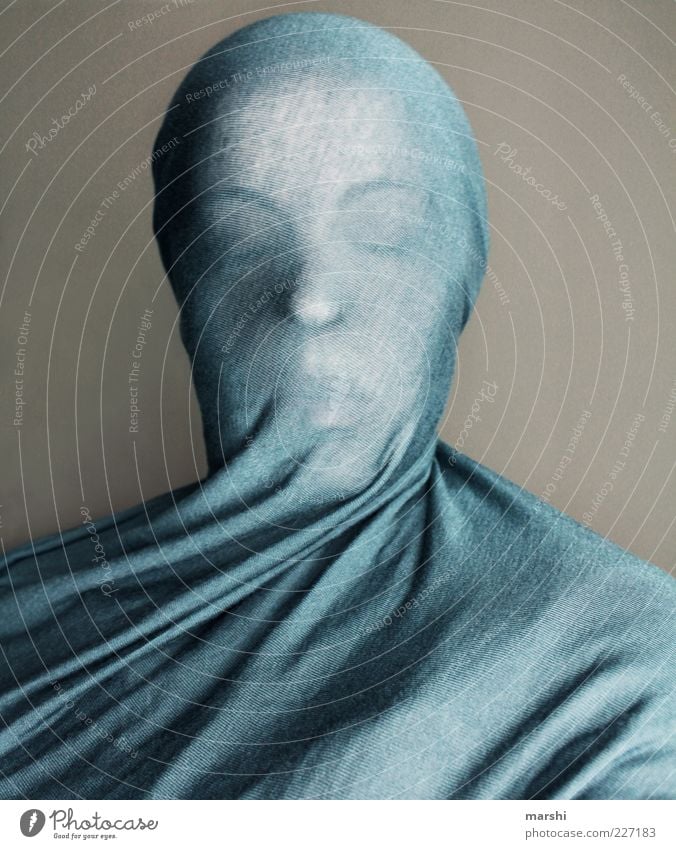 sculpture Style Human being Feminine Woman Adults Head 1 Blue Rag Sculpture Packaged Vail Unclear Sheath Cloth Motionless Colour photo Interior shot Closed eyes