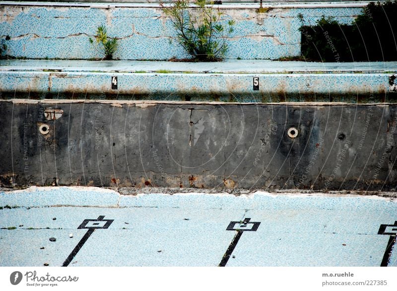 on old tracks Swimming pool Wall (barrier) Wall (building) Stone Old Esthetic Broken Wet Retro Blue End Symmetry Decline Past Transience Change Destruction