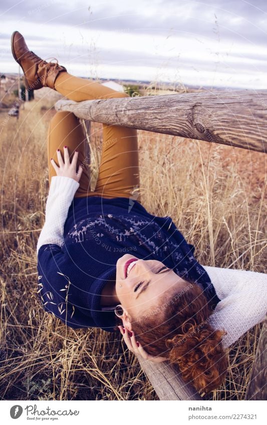 Young redhead woman enjoying an autumn day Lifestyle Joy Wellness Harmonious Well-being Relaxation Vacation & Travel Tourism Adventure Far-off places Freedom