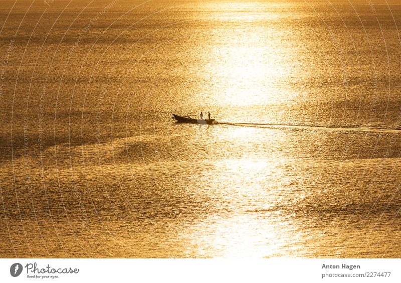 Traditional asian fisherman boat at sunset Environment Nature Beautiful weather Ocean Navigation Boating trip Fishing boat Motorboat Going Relaxation