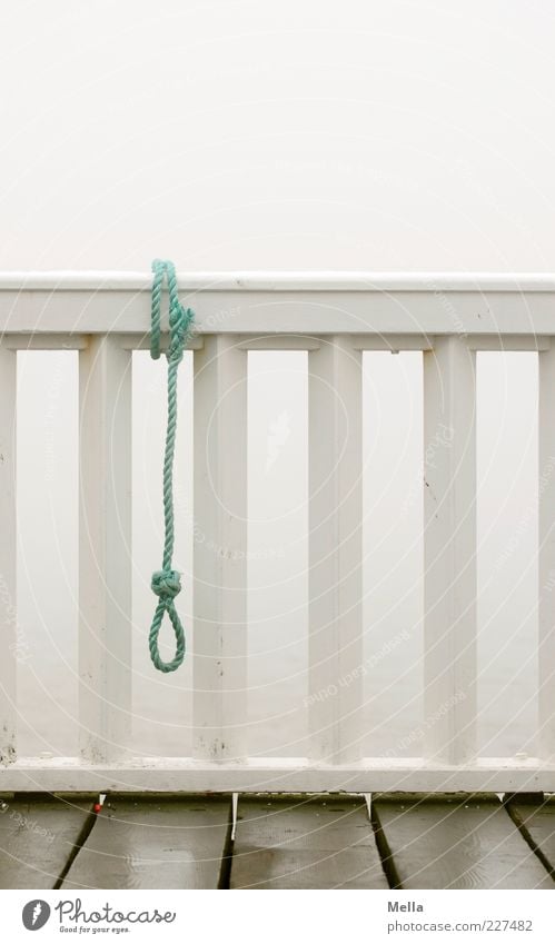 time-out Balcony Handrail Bridge railing Railing Floorboards Loop Rope Sign String Knot Hang Gloomy Gray Emotions Moody Sadness Loneliness Fear of the future