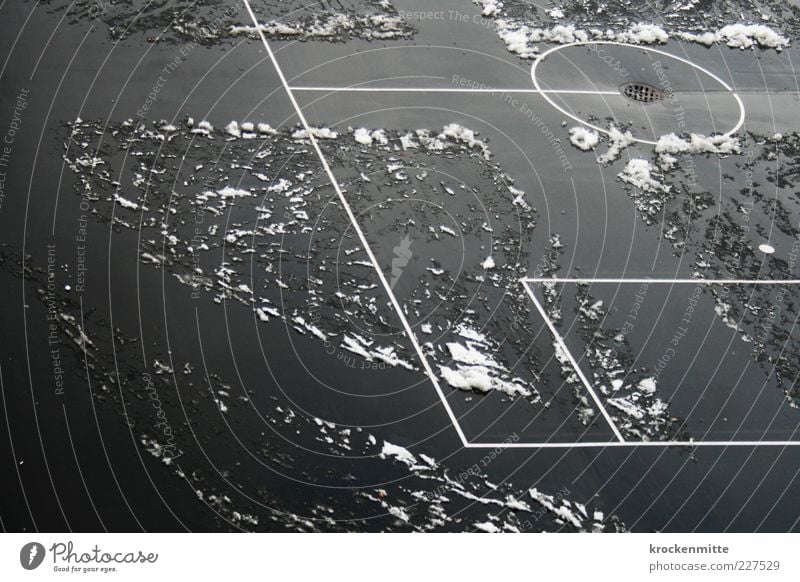 Winter break-nhof Sporting Complex Football pitch Deserted Line Cold Gray Sporting grounds Snow Loneliness Circle Tracks Playing field Black & white photo Ice