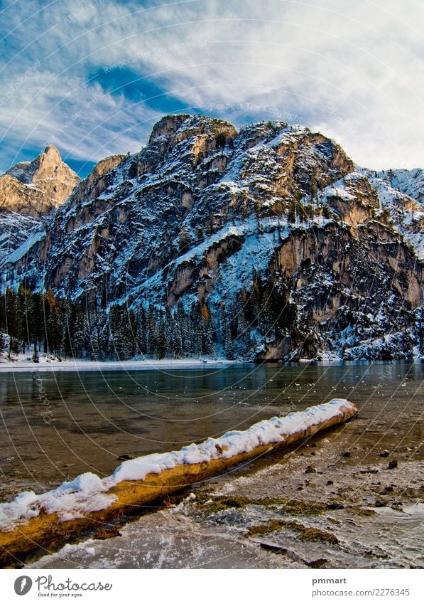 snowy log in mountain lake with mountains and blue sky Beautiful Vacation & Travel Tourism Adventure Sun Winter Snow Mountain Family & Relations Nature