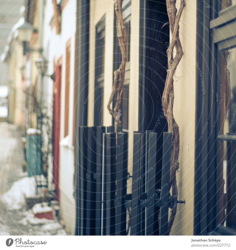 fenced timber Erfurt Small Town House (Residential Structure) Detached house Esthetic Uniqueness Blue Brown Yellow Idyll Fence Window Building line Entrance