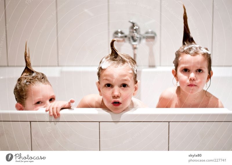 bathing fun Bathtub Bathroom Group of children Toddler 1 - 3 years Funny Joy Cute Dearest Mohawk hairstyle Wet Group photo Looking into the camera Wash Shampoo