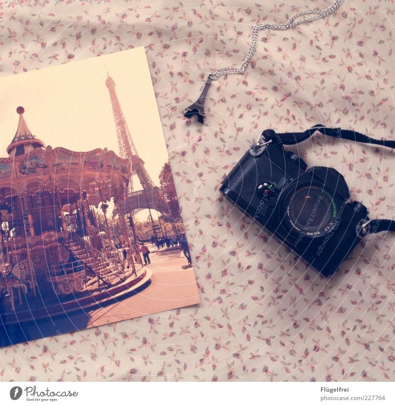 There's a train leaving for Paris... Souvenir Lie Bird's-eye view Camera Photography Analog Eiffel Tower Tourist Attraction France Carousel Arranged Romance