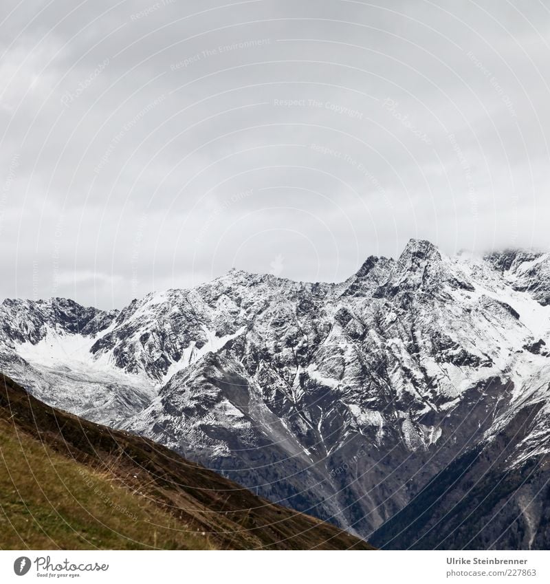 View of the Ötztal Alps from the Rettenbach Glacier Environment Nature Landscape Elements Clouds Autumn Ice Frost Snow Grass Mountain Snowcapped peak Canyon