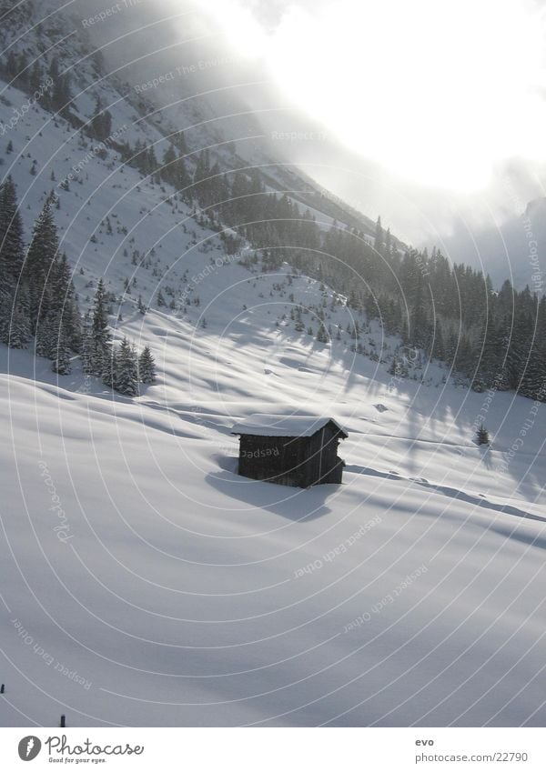 Cottage in the snow Virgin snow Clouds Snowscape Mountain Hut Alps Sun