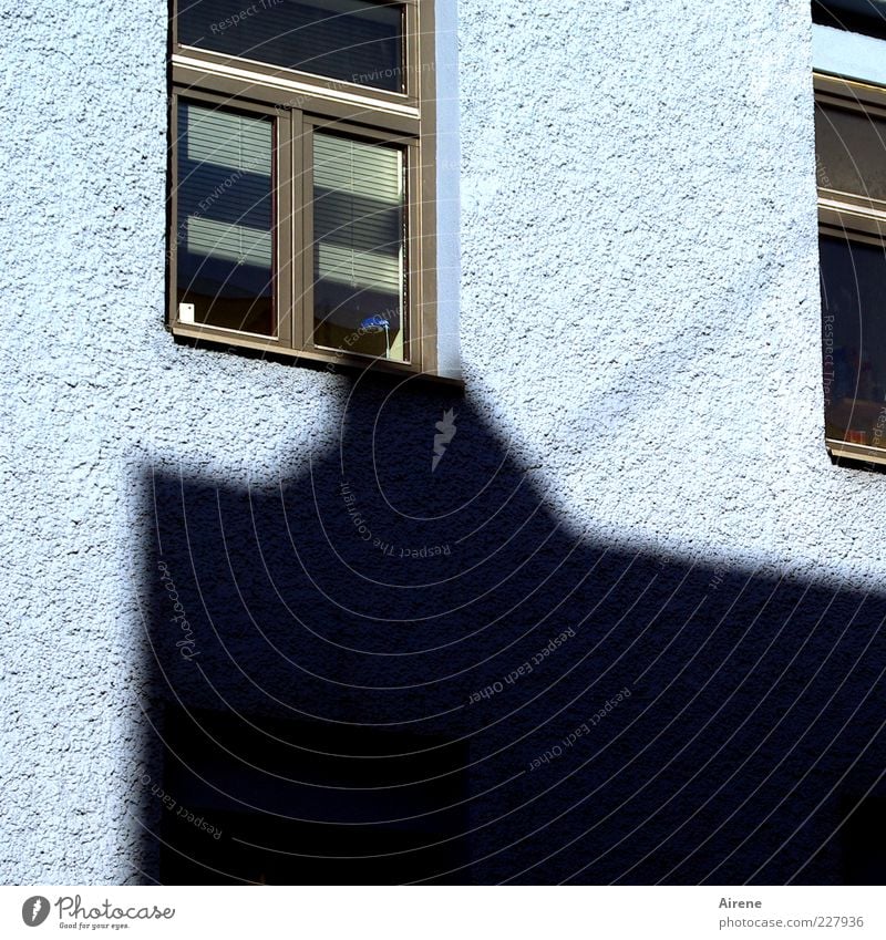 Courage, little lamp! House (Residential Structure) Facade Window Venetian blinds Glass Blue Black Colour photo Exterior shot Deserted Copy Space top