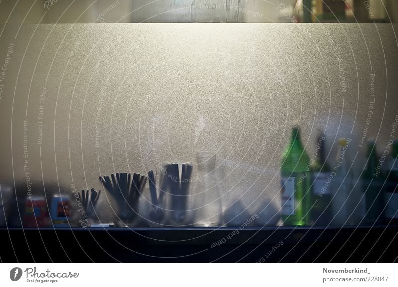 kitchen Glass Calm Services Symmetry Colour photo Exterior shot Detail Deserted Copy Space top Evening Artificial light Central perspective Bottle Cutlery