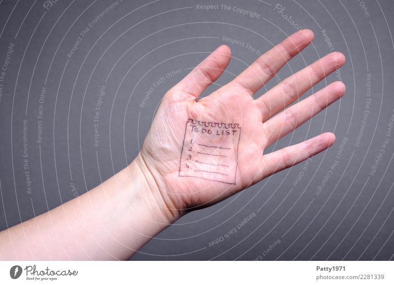 Detail of a hand. On the palm of the hand a lined note sheet with the inscription "TO DO LIST" is drawn. Human being Hand Palm of the hand 1 Piece of paper