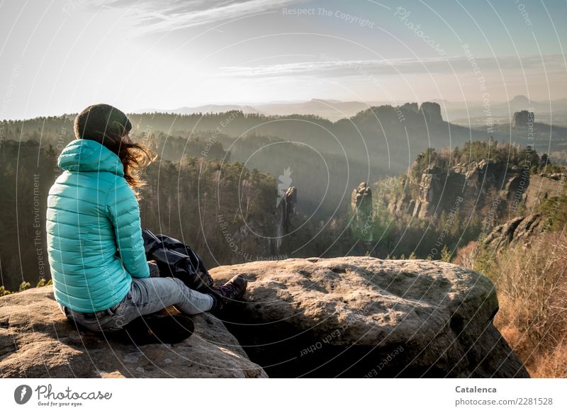 Music of the future plays in the distance Mountain Hiking Feminine 1 Human being Environment Landscape Cloudless sky Winter Climate change Bushes Spruce forest