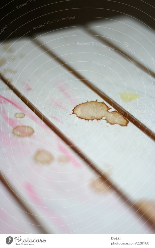 Coffee stain on the Saunasteg at the lake Furniture Wood Trashy Brown White Daub Patch smudged Dye Dirty Colour photo Interior shot Close-up Detail Pattern