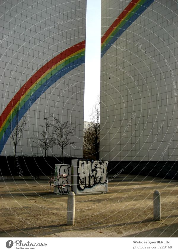 rainbow block Deserted High-rise Rainbow Graffiti Prefab construction Painted Colour photo Day Sunlight Narrow Gloomy Simple Cladding Wall (building)