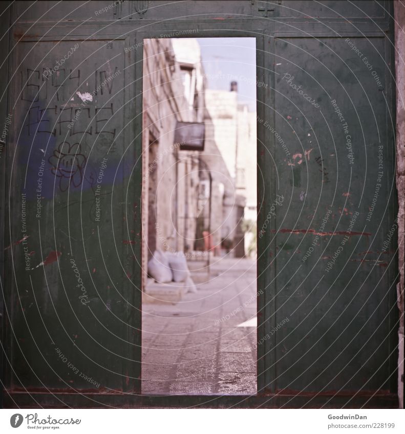 Peace. Town Wall (barrier) Wall (building) Facade Gate Old Authentic Sharp-edged Simple Broken Gloomy Emotions Moody Colour photo Exterior shot Deserted Day