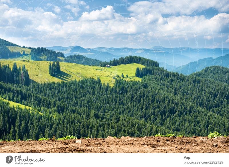 Green sunny valley in mountains and hills Vacation & Travel Far-off places Summer Summer vacation Sun Mountain Environment Nature Landscape Plant Sky Clouds