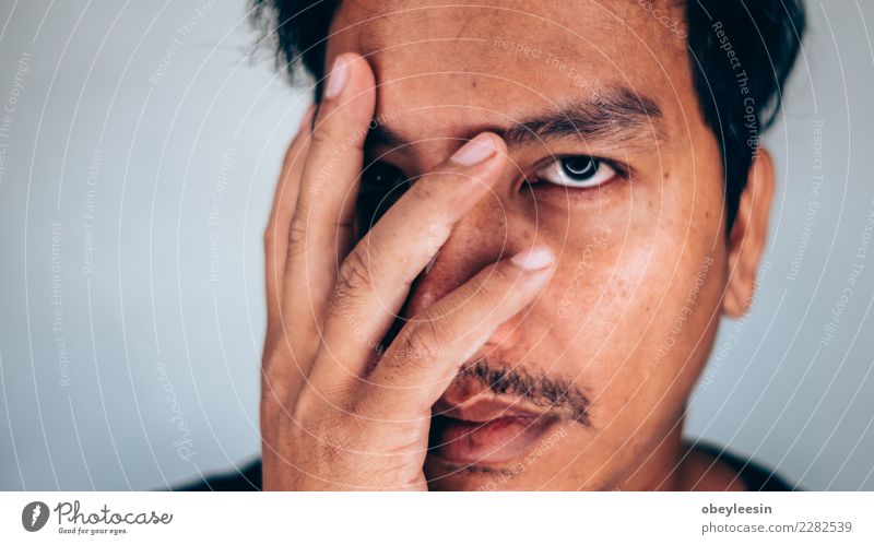 Close up face portrait depressed young man Face Human being Man Adults Grandfather Hand Old Think Sadness Natural Gray Black White Loneliness Fear Age