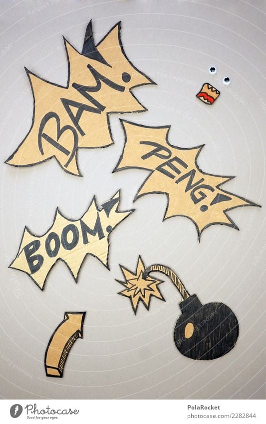 #AS# BAM BOOM PENG Art Fear of the future Economic boom Bomb Arrow Gray Creativity Crazy Comic Bang Scream Destruction Traffic accident Eyes Cardboard Explosion