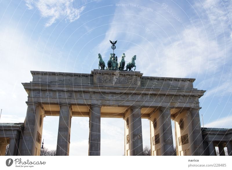 Brandenburg Gate Capital city Downtown Tourist Attraction Landmark Monument Famousness Large Historic Original Blue Colour photo Exterior shot Copy Space top