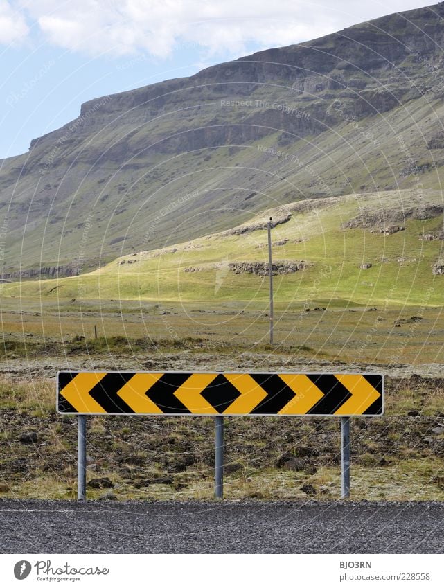 ? <<<<->>>> ? Landscape Clouds Summer Beautiful weather Moss Rock Mountain Volcano Island Traffic infrastructure Crossroads Road sign Blue Yellow Green Black