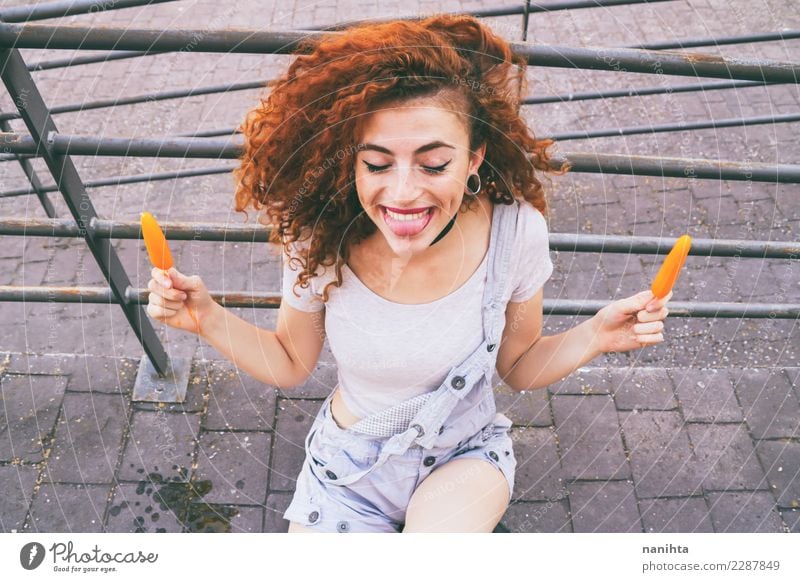 young happy and redhead woman holding two ice creams Food Ice cream Eating Lifestyle Joy Wellness Well-being Summer Summer vacation Human being Feminine