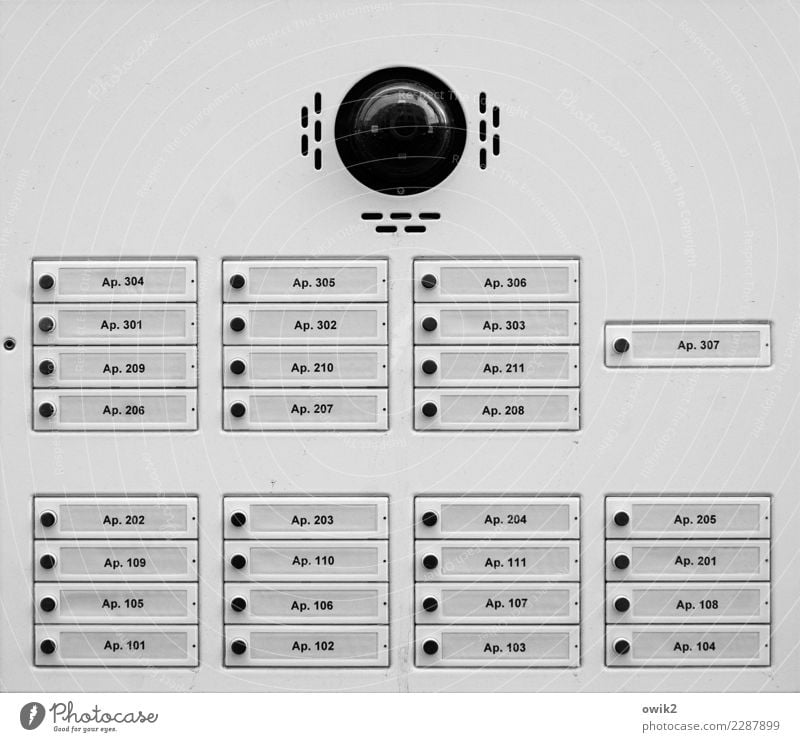 concierge Video camera Peephole Name plate Bell Tower block Glass Plastic Characters Digits and numbers Signs and labeling Together Cold Town Safety Secrecy