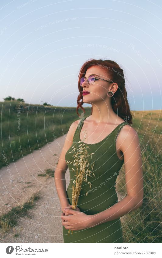 Young woman in nature holding a bouquet of cereals Cereals Wheat Lifestyle Elegant Style Beautiful Body Hair and hairstyles Healthy Healthy Eating Wellness