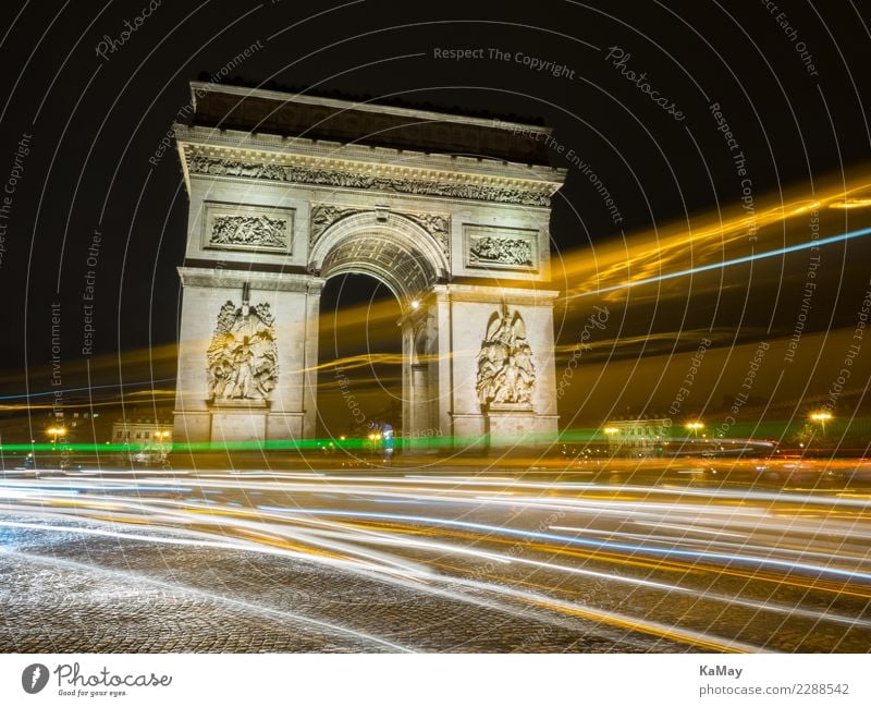 Arc de Triump with light tracks Paris France Europe Town Downtown Deserted Manmade structures Architecture Triumphal arch Tourist Attraction Landmark Monument