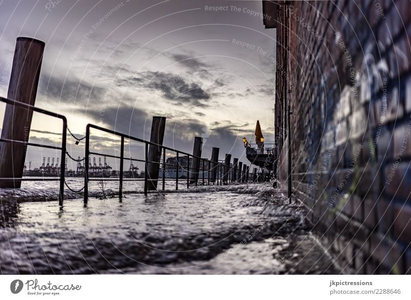 Hamburg Harbour Flood Europe Germany Elbe Town Water Channel Industry Clouds Sky Beautiful Dramatic Wet Landungsbrücken Watercraft Footbridge Cold