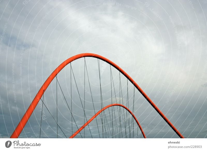 Bridge building [BO III] Clouds Storm clouds Weather Bad weather Manmade structures Architecture Suspension bridge Bridge pier Gray Red Connection Colour photo