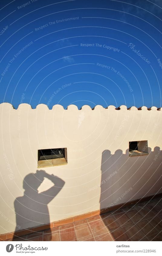 I got a shadow. Sky Summer Beautiful weather Terrace Blue Brown Roof terrace Tile Terracotta Undulation Take a photo Wall (building) Plaster Mediterranean