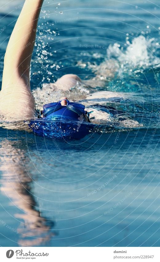 Relaxed in supine position Human being Woman Adults Arm 1 Water Fresh Wet Blue White Calm Colour photo Exterior shot Copy Space bottom Morning