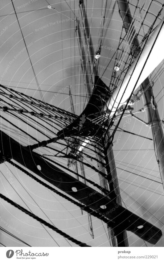 rig Sky Clouds Sharp-edged Firm Infinity Tall Wild Watercraft Sailing ship Mast Rope Black & white photo Exterior shot Deserted Day Light Shadow Contrast