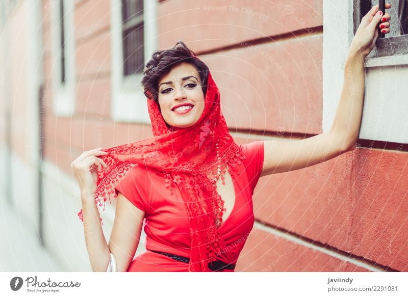 Portrait of a pretty woman, vintage style, in urban background, wearing a red dress Elegant Style Design Beautiful Summer Human being Feminine Young woman