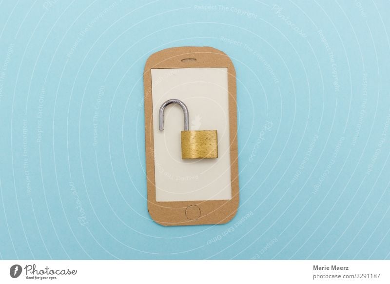 Cell phone security breach. Open padlock on display. Cellphone PDA Telecommunications Information Technology Looking To call someone (telephone) Modern Blue